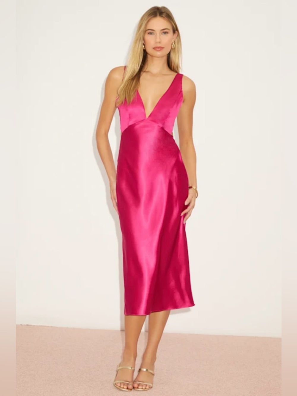 Lulus Unmatched Elegance Fuchsia Satin Sleeveless Midi Dress XS NWT